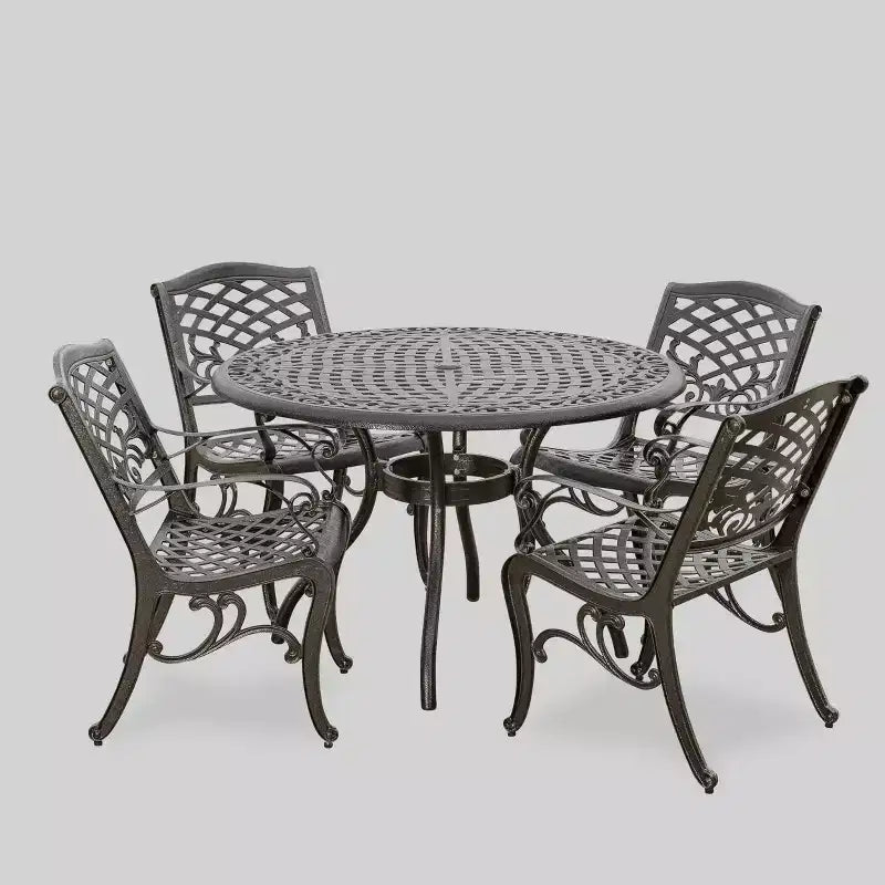 Set da pranzo da esterni Hallandale Sarasota 5 pezzi in fusione di alluminio – Bronzo – Christopher Knight Home: resistente alle intemperie, 4 sedie con braccioli, senza cuscini