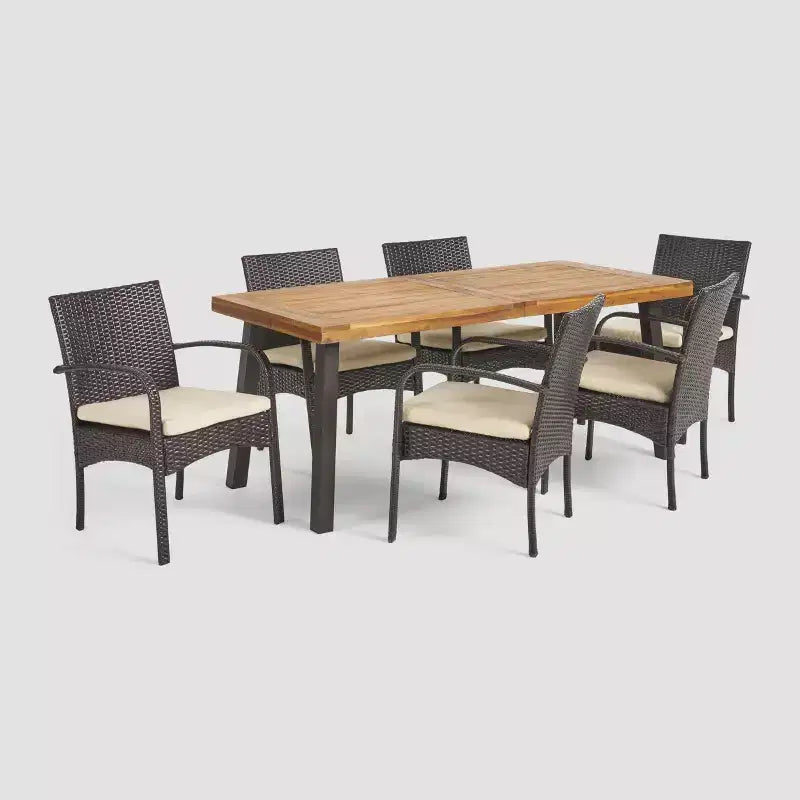 Set da pranzo da esterno Bavaro 7 pz rettangolare in vimini e legno per tutte le stagioni - Marrone/Crema - Christopher Knight Home: Acciaio zincato, Cuscini in poliestere
