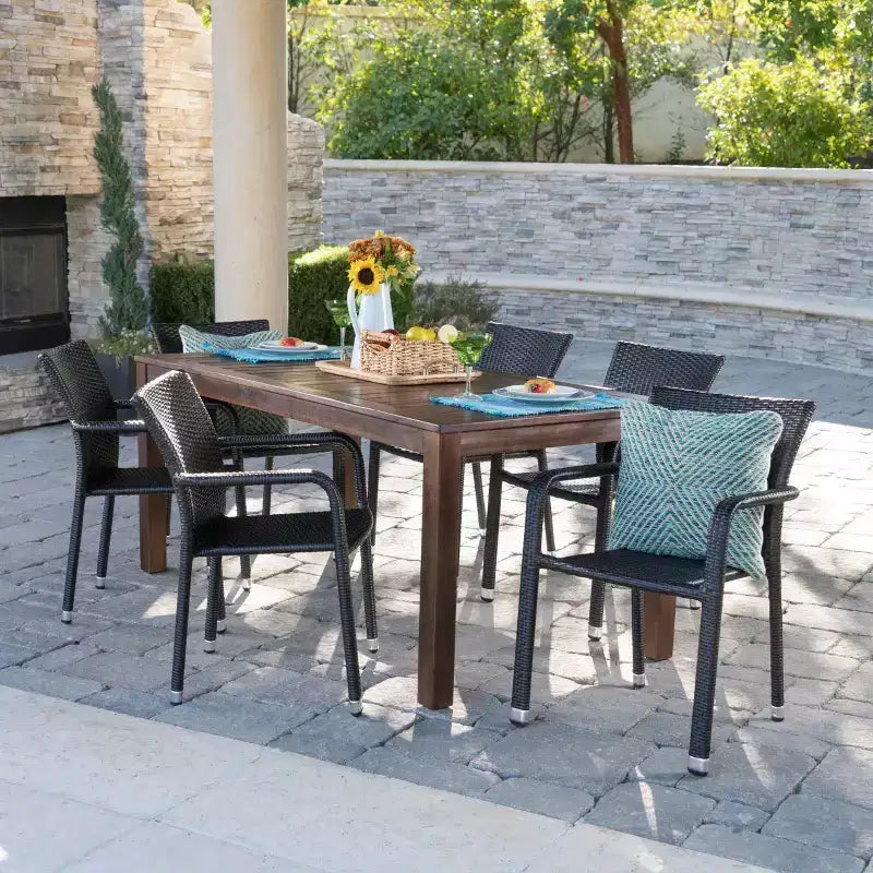 Ensemble repas 7 pièces Newcastle en bois et osier : Cadre en aluminium, résistant aux intempéries - Christopher Knight Home