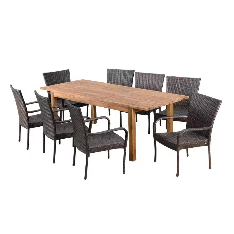 Set da pranzo da 9 pezzi Lambert in acacia e vimini: allungabile, resistente alle intemperie - Christopher Knight Home
