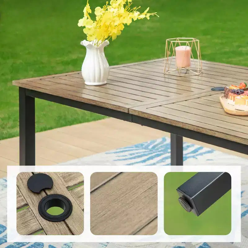 Set da pranzo da 7 pezzi in metallo per patio con tavolo rettangolare effetto legno e 6 sedie impilabili - Captiva Designs