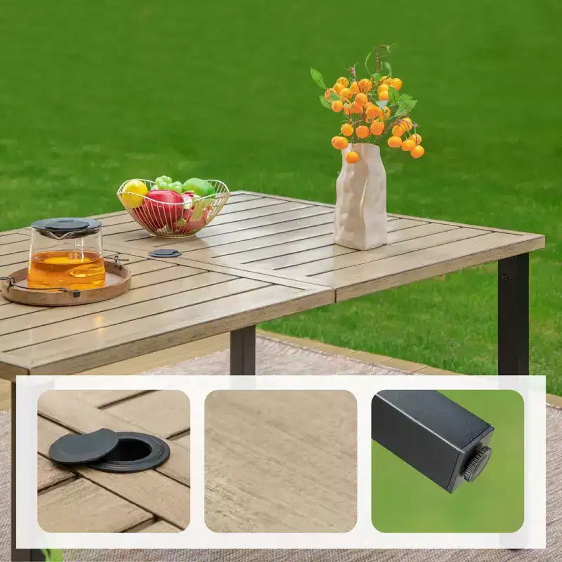 Ensemble de salle à manger 7 pièces pour terrasse avec table rectangulaire imitation bois avec trou pour parasol et chaises - Captiva Designs : Résistant aux intempéries, structure en acier