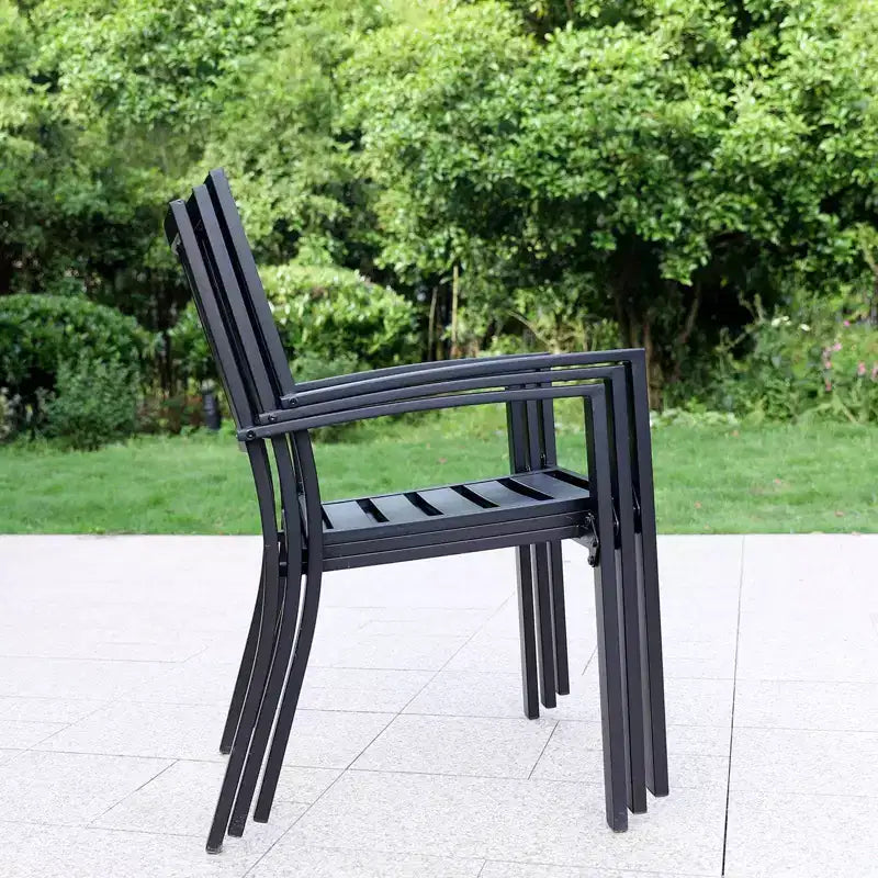 Ensemble de salle à manger 7 pièces pour terrasse avec table rectangulaire imitation bois avec trou pour parasol et chaises - Captiva Designs : Résistant aux intempéries, structure en acier