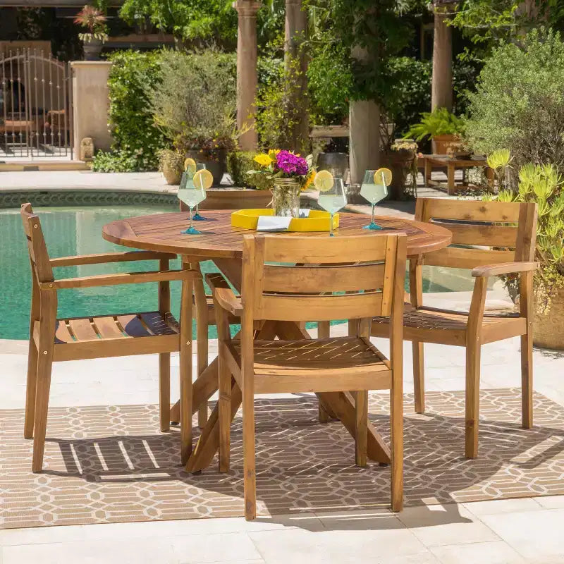 Stamford 5pc Acacia Wood Round Dining Set Teak: Weather-Resistant, 4 Chairs - Christopher Knight Home