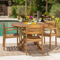 Stamford 5pc Acacia Wood Round Dining Set Teak: Weather-Resistant, 4 Chairs - Christopher Knight Home