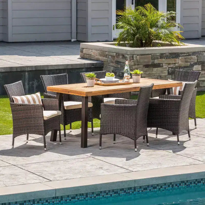 Tustin 7pc Acacia Wood and Wicker Dining Set Brown/Beige - Christopher Knight Home: With Cushions, Weather-Resistant