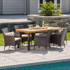 Tustin 7pc Acacia Wood and Wicker Dining Set Brown/Beige - Christopher Knight Home: With Cushions, Weather-Resistant