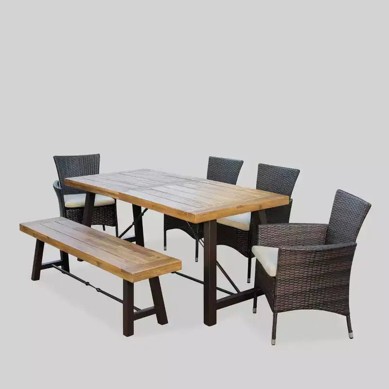 Ensemble de salle à manger d'extérieur 6 pièces en acacia et osier Jennys - Marron - Christopher Knight Home : Résistant aux intempéries, structure en fer, banc inclus