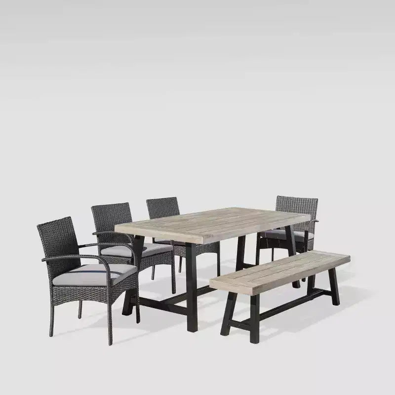 Ensemble de salle à manger Luster 6 pièces en bois d'acacia et osier - Gris clair/Gris - Christopher Knight Home : Résistant aux intempéries, quincaillerie en acier galvanisé