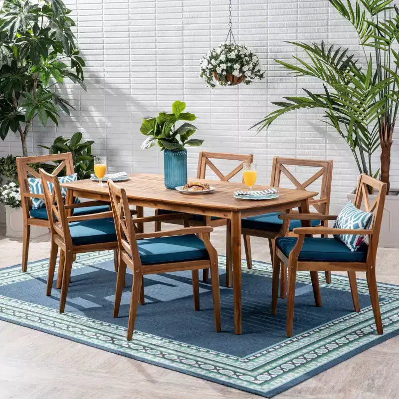Llando 7-pc Acacia Wood Dining Set - Teak/Blue - Christopher Knight Home: Weather-Resistant with Polyester Cushions