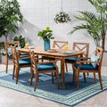 Llando 7-pc Acacia Wood Dining Set - Teak/Blue - Christopher Knight Home: Weather-Resistant with Polyester Cushions