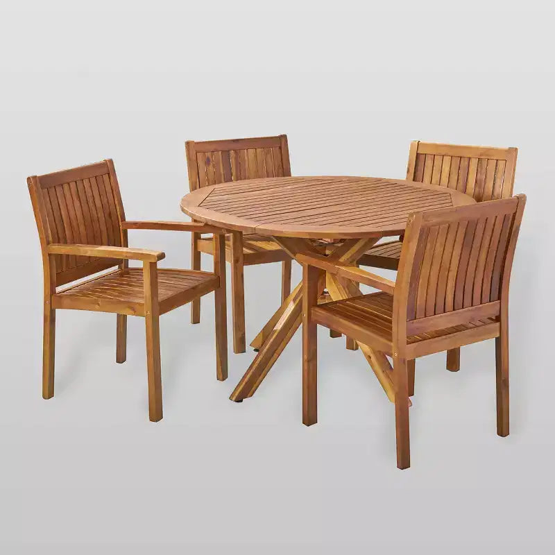 Ensemble de salle à manger Karen 5 pièces en acacia – Teck – Christopher Knight Home : Résistant aux intempéries, table ronde, 4 fauteuils