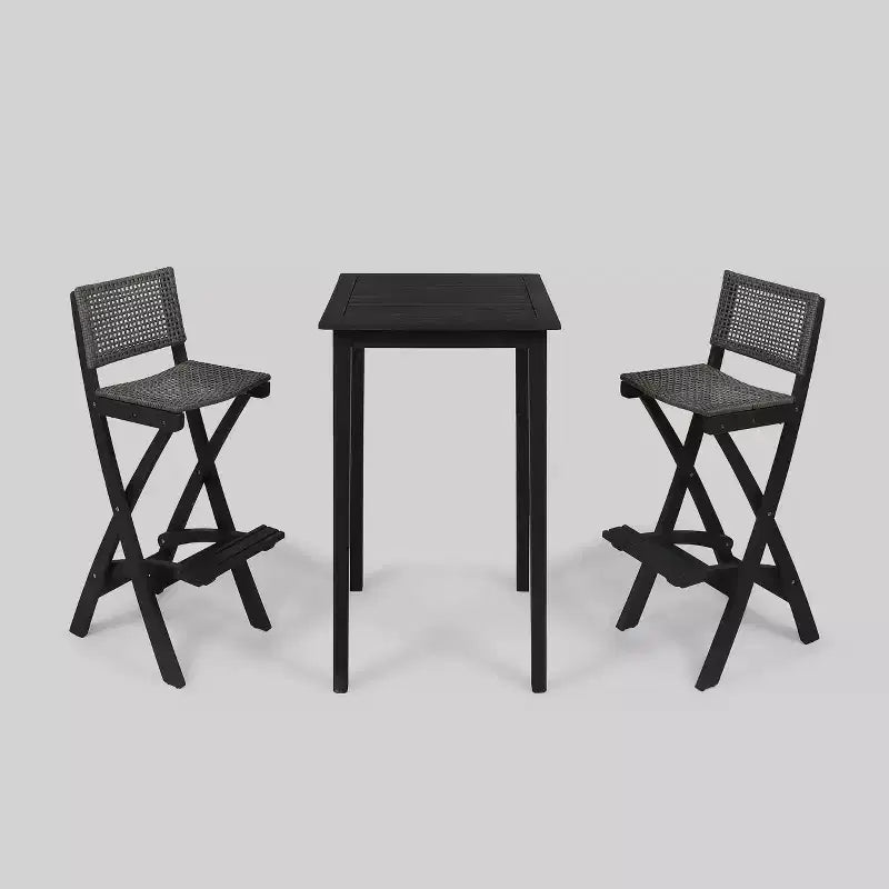 Polaris Set Bar da 26" Quadrato in 3 Pezzi in Legno e Vimini Grigio Scuro - Christopher Knight Home: Set da Pranzo per Patio Resistente alle Intemperie con 2 Sgabelli
