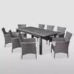 Nadia set da pranzo espandibile 9 pezzi in legno e vimini grigio: Struttura in acacia, rattan PE, cuscini - Christopher Knight Home