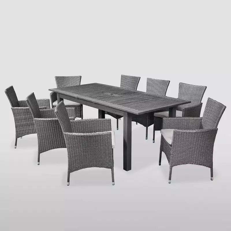 Nadia set da pranzo espandibile 9 pezzi in legno e vimini grigio: Struttura in acacia, rattan PE, cuscini - Christopher Knight Home