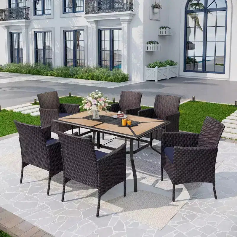 7pc Patio Dining Set with Rectangular Steel Table & Rattan Closed Side Chairs Blue/Brown - Captiva Designs