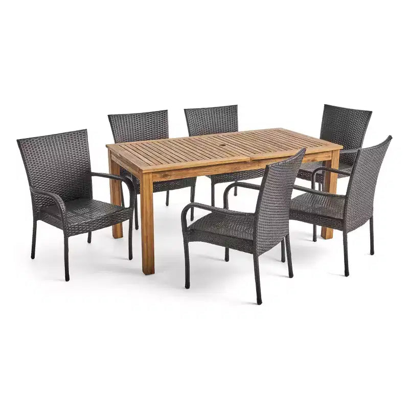 Ensemble de salle à manger extensible 7 pièces en bois et osier Hayes : cadre en acacia, rotin PE - Christopher Knight Home