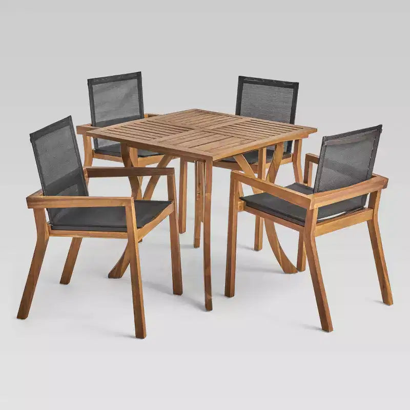 Set da pranzo Chaucer 5 pezzi in acacia e mesh - Teak/Nero - Christopher Knight Home: Resistente alle intemperie, Tavolo quadrato