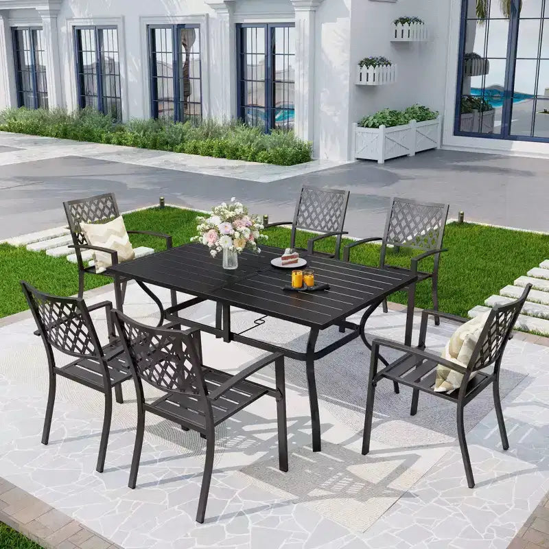Tavolo Rettangolare da Esterno 7 Pezzi e 6 Sedie con Design a Griglia - Nero - Captiva Designs: Struttura in Ferro, Resistente ai Raggi UV