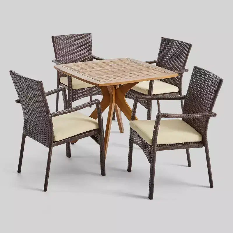 Set da pranzo da esterni Didicas 5 pezzi in vimini e legno di teak - Christopher Knight Home