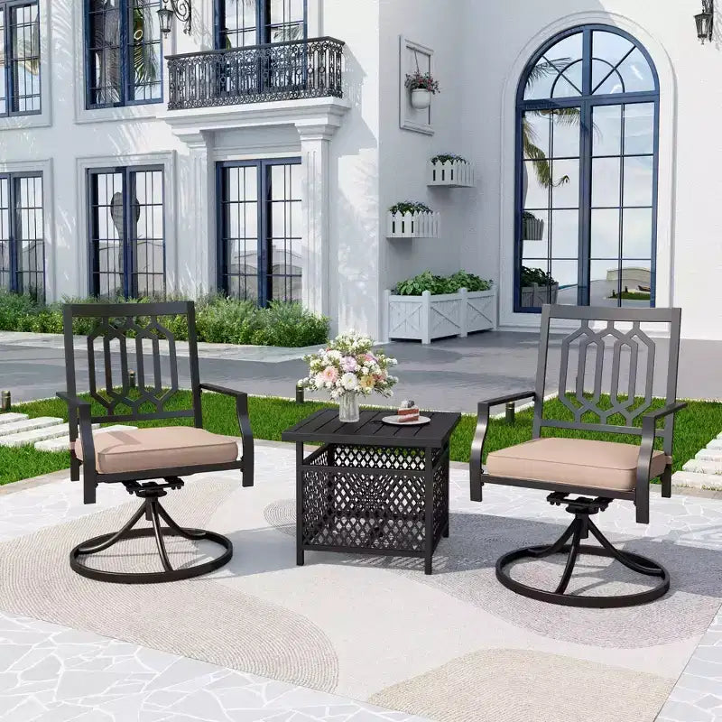 3pc Wrought Iron Patio Dining Set with Square Table with Umbrella Hole & Swivel Chairs - Captiva Designs