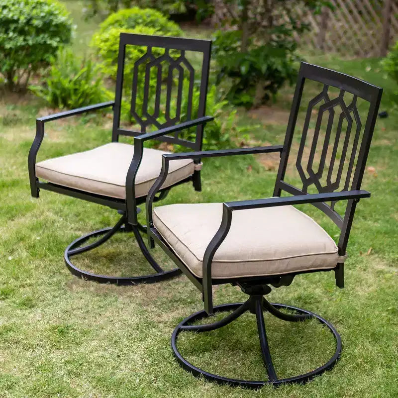 Ensemble de salle à manger de patio en fer forgé 3 pièces avec table carrée avec trou pour parasol et chaises pivotantes - Captiva Designs