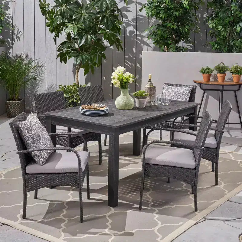 Set da pranzo Elmar espandibile 7 pz in legno e vimini - grigio scuro/grigio - Christopher Knight Home