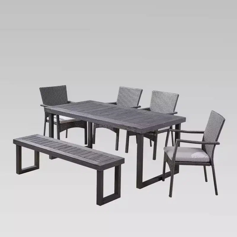 Ensemble de salle à manger 6 pièces Garner en bois et osier avec chaises et banc Gris foncé sablé/Gris - Christopher Knight Home