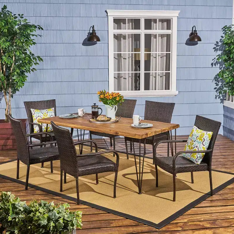 Ensemble de salle à manger de patio 7 pièces Walker en acacia et osier teck – Christopher Knight Home : sièges extérieurs, table à pieds épingles
