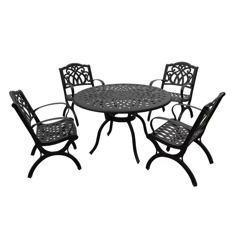 5pc Patio Dining Set with 48" Modern Ornate Outdoor Mesh Aluminum Round Table & Luxury Chairs - Black - Oakland Living: Weather-Resistant