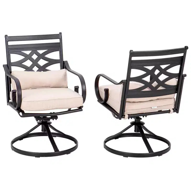 Set da pranzo da esterni 5 pezzi con sedie girevoli con cuscini spessi per seduta e schienale e tavolo quadrato in finto legno con foro per ombrellone - Captiva Designs