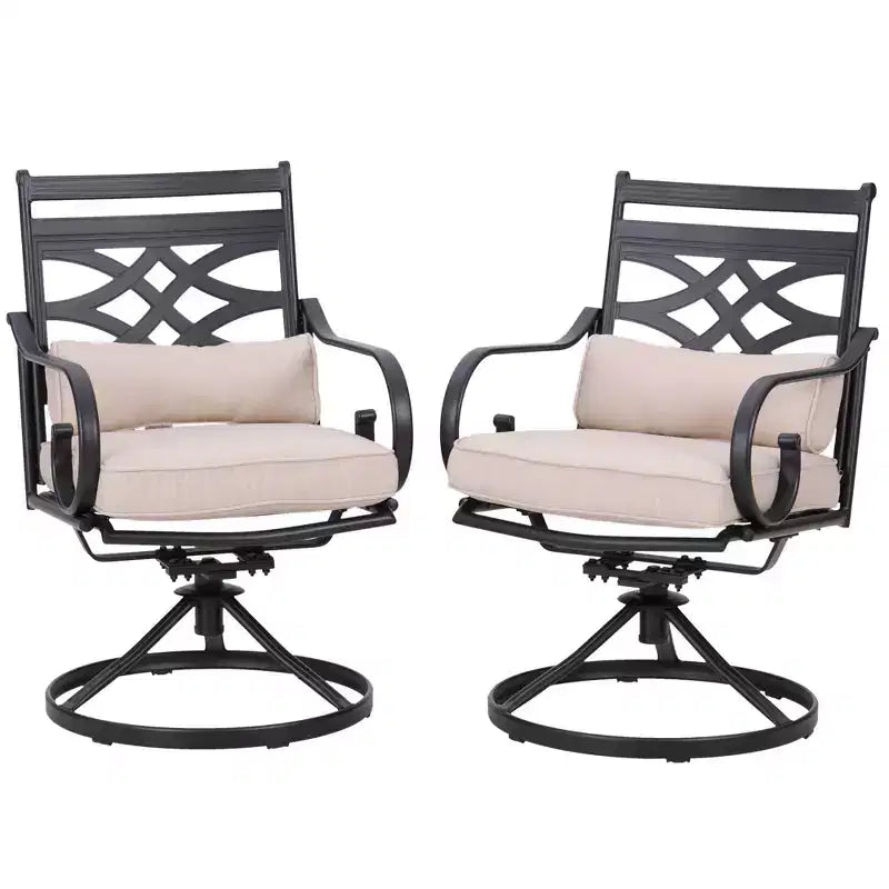 Set da pranzo da esterni 5 pezzi con sedie girevoli con cuscini spessi per seduta e schienale e tavolo quadrato in finto legno con foro per ombrellone - Captiva Designs