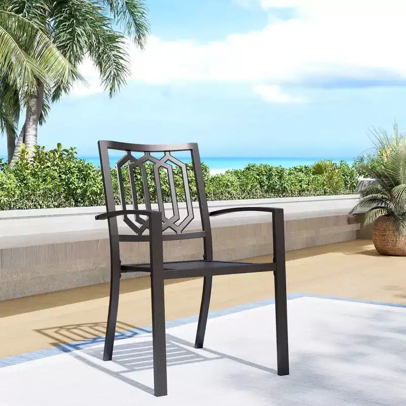 Set da pranzo da esterni 7 pezzi con tavolo rettangolare in acciaio da 150x89 cm con foro per ombrellone da 4 cm e 6 sedie in acciaio con braccioli Nere - Captiva Designs