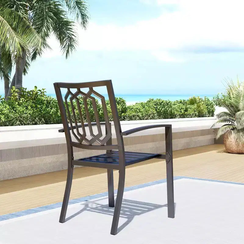 Set da pranzo da esterni 7 pezzi con tavolo rettangolare in acciaio da 150x89 cm con foro per ombrellone da 4 cm e 6 sedie in acciaio con braccioli Nere - Captiva Designs