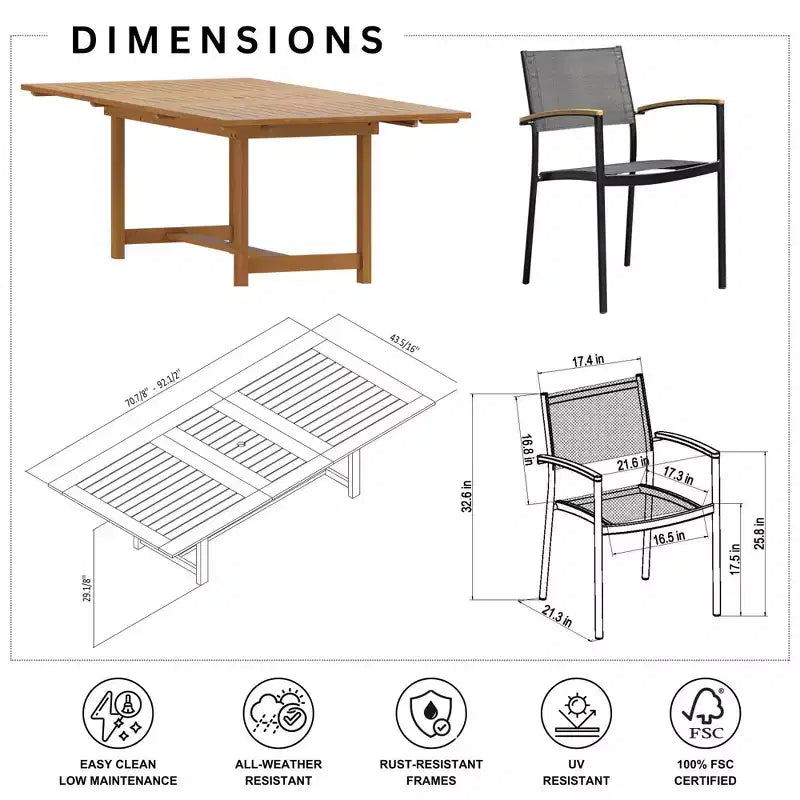 Set da pranzo rettangolare allungabile da patio Amazonia Lapa 7 pezzi in alluminio e legno con finitura in teak 100% nero