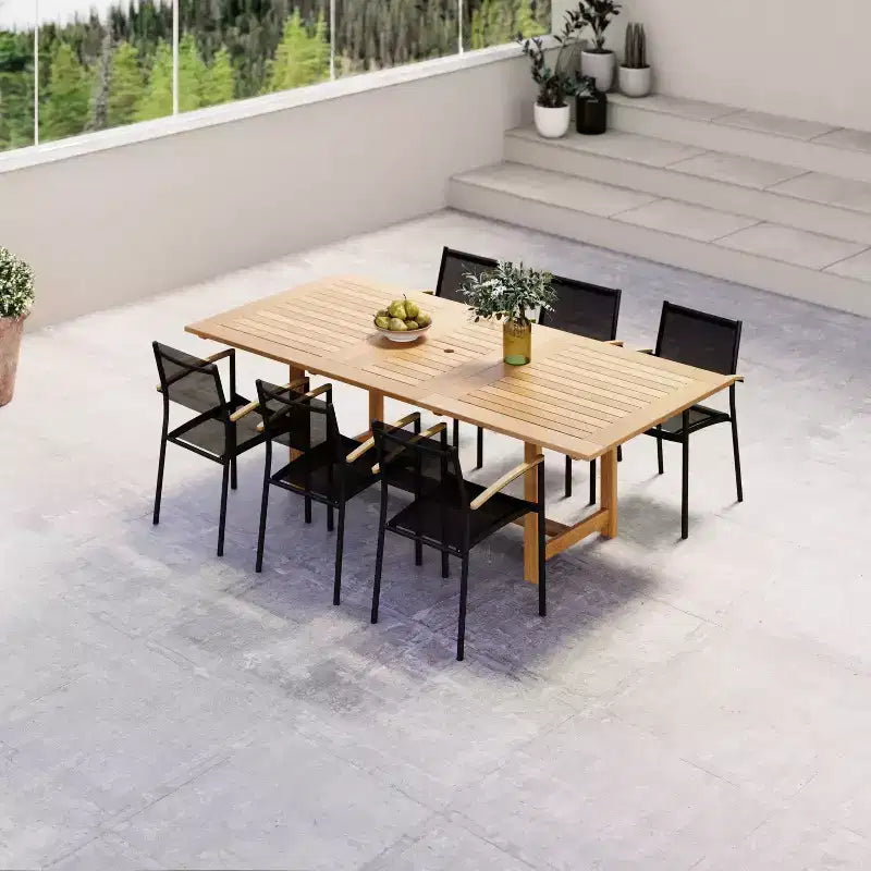 Set da pranzo rettangolare allungabile da patio Amazonia Lapa 7 pezzi in alluminio e legno con finitura in teak 100% nero