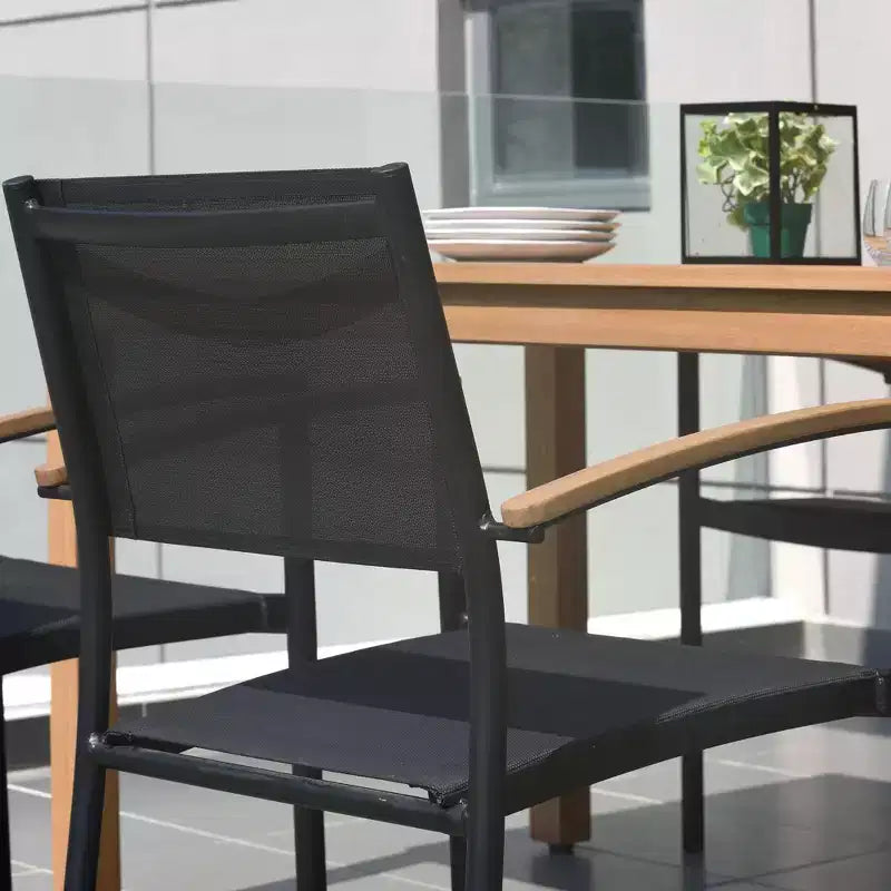 Set da pranzo rettangolare allungabile da patio Amazonia Lapa 7 pezzi in alluminio e legno con finitura in teak 100% nero