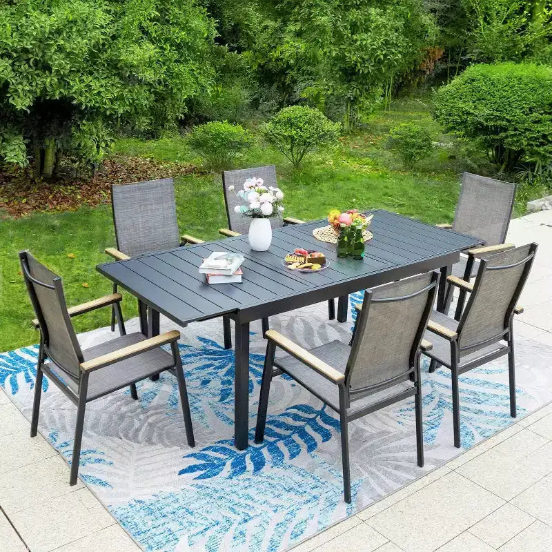 Set da patio da 7 pezzi con tavolo allungabile e sedie impilabili in alluminio leggero - Captiva Designs: Set di mobili da esterno per 6 persone