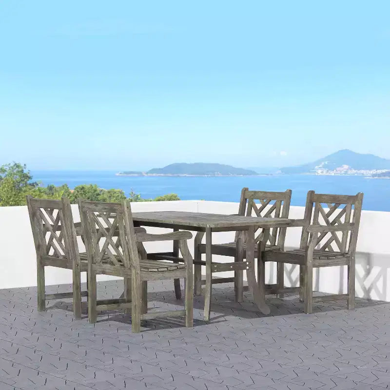 Azen Set da Pranzo da Esterno 5 Pezzi Reynard in Legno di Acacia Massiccio Stile Rustico Resistente, Finitura Grigio Sbiancato