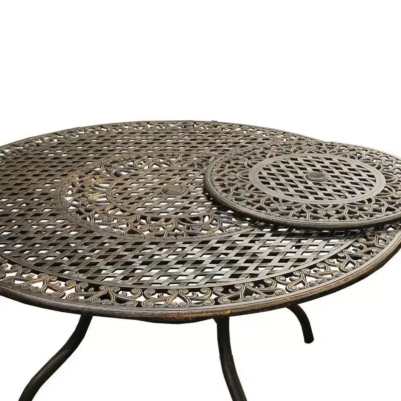 Set da pranzo da patio da 7 pezzi con tavolo da pranzo rotondo da 59 pollici in alluminio a rete moderno ornato da esterno con vassoio girevole - Bronzo - Oakland Living