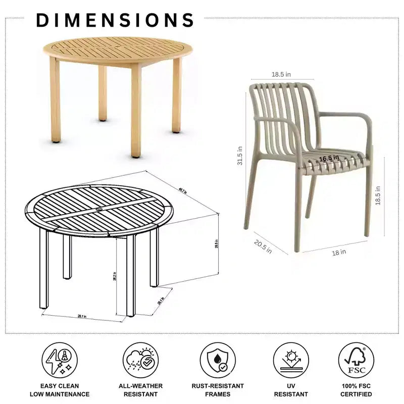 Set da pranzo da esterno rotondo da 5 pezzi Amazonia Beijo, beige