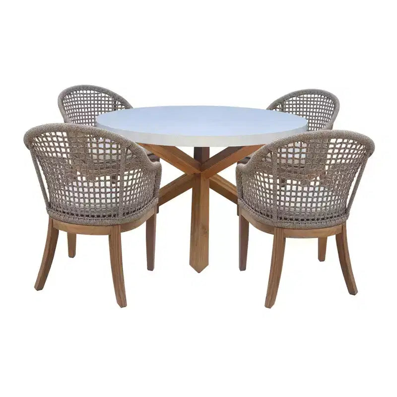 International Concepts 5pc Teak Outdoor Patio Dining Set with Round Table and Chairs: Foam Cushions, Metal Hardware