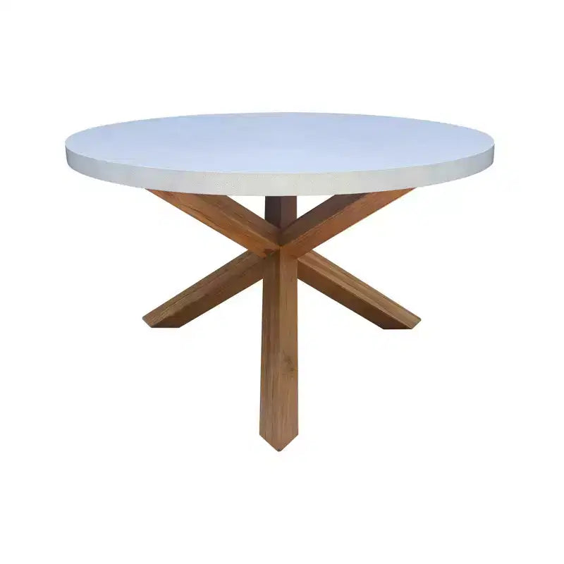 Set da pranzo da esterno International Concepts in teak, 5 pezzi, con tavolo rotondo e sedie: cuscini in schiuma, ferramenta in metallo