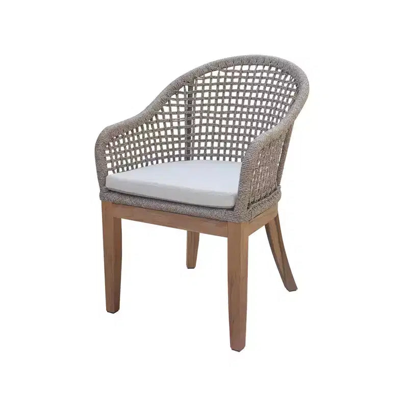 Set da pranzo da esterno International Concepts in teak, 5 pezzi, con tavolo rotondo e sedie: cuscini in schiuma, ferramenta in metallo