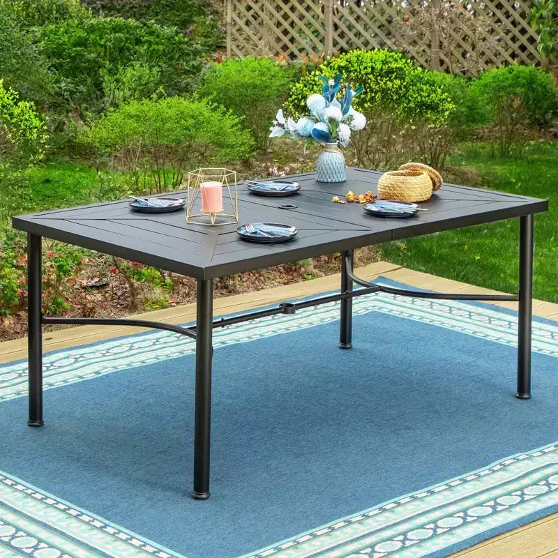 Set da pranzo da esterni da 7 pezzi con sedie in alluminio e grande tavolo rettangolare in metallo con foro per ombrellone - Grigio - Captiva Designs