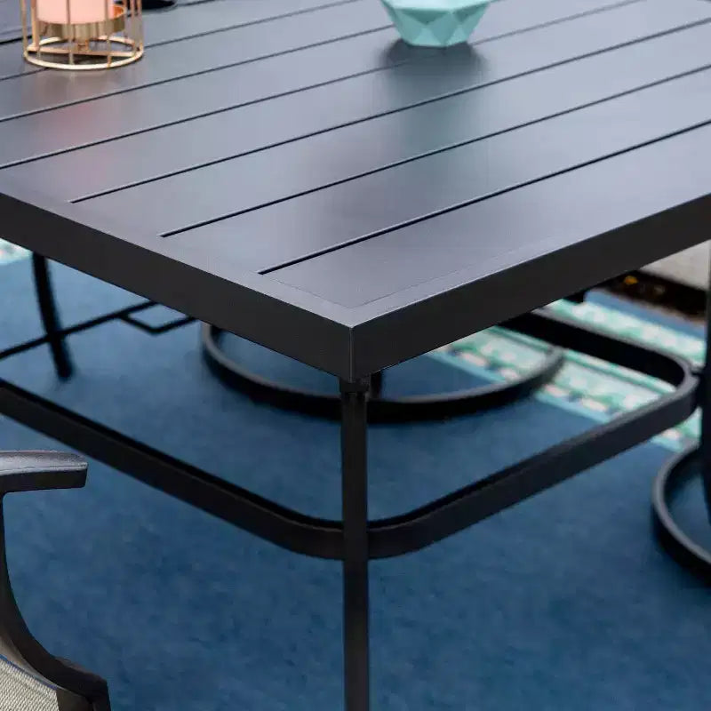 Set da pranzo da esterno 7 pezzi con tavolo in acciaio 150x89 cm con foro per ombrellone da 4 cm e sedie con braccioli in acciaio - Nero - Captiva Designs