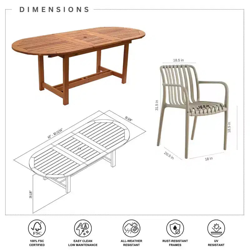 Set da pranzo Amazonia Beijo ovale da 7 pezzi per esterni, beige