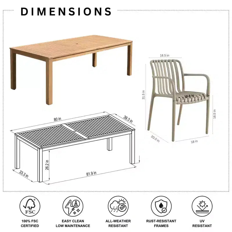 Amazonia Beijo, set da pranzo rettangolare da esterno da 7 pezzi, colore beige