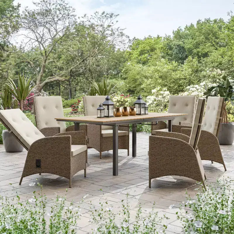 Greemotion Set da Pranzo per Esterni 7 Pezzi Mackay in Legno Teak con Tavolo a Ribalta e Sedie Reclinabili Marrone