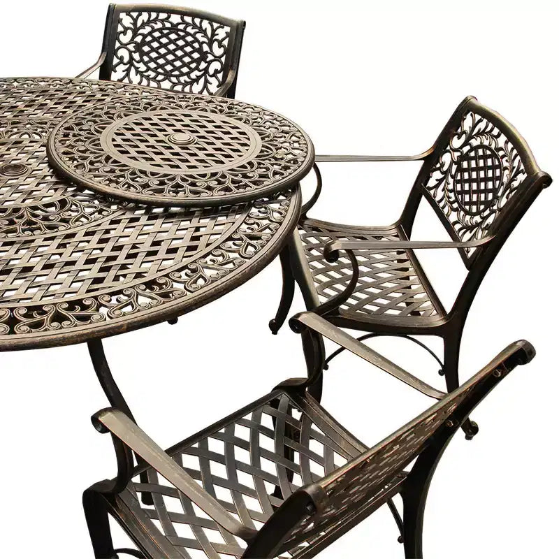 Set da pranzo per patio da 7 pezzi con tavolo rotondo in alluminio a maglia ornamentale tradizionale da 59" con vassoio girevole - Bronzo - Oakland Living: resistente ai raggi UV